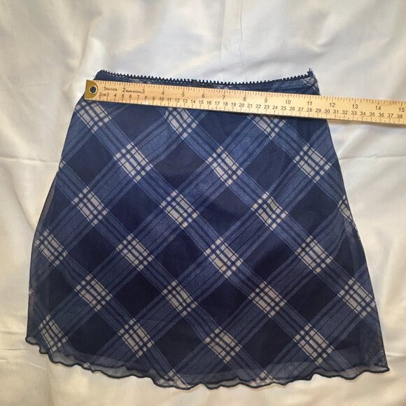 Cider Plaid Skirt Flowy Elastic Waistband Scalloped Trim Plaid Pattern Blue XXS - Picture 6 of 9